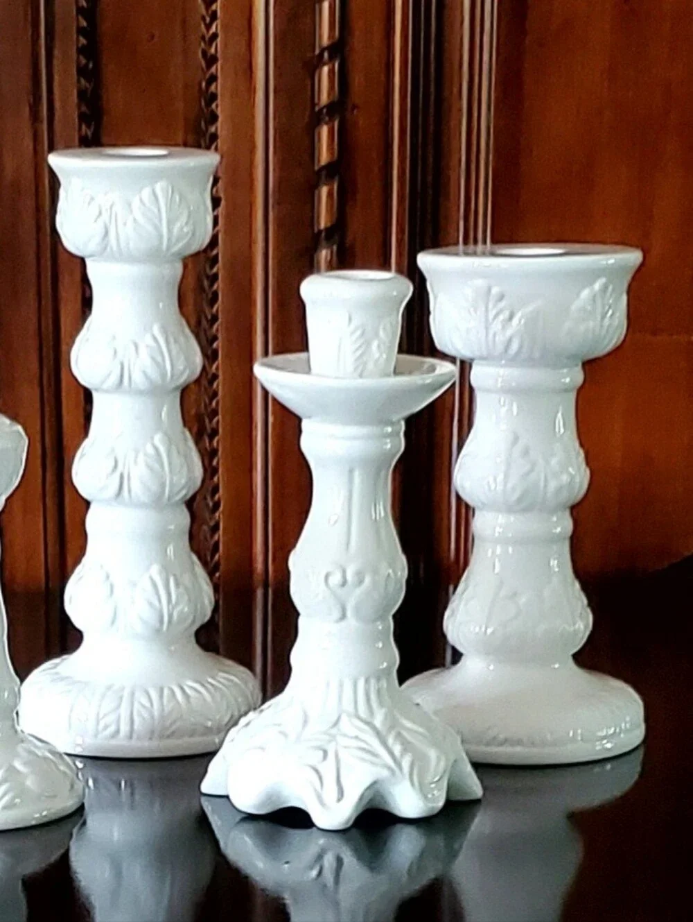 5 Pc Set White Various Design Ceramic Taper Candle Holders Varying Sizes